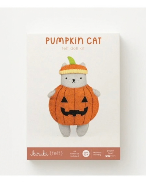 Pumpkin Cat felt doll kit packaging by Kiriki(felt) on a clean white background. The box features an illustration of a gray cat dressed in an orange pumpkin costume with a green stem and yellow striped hat.
