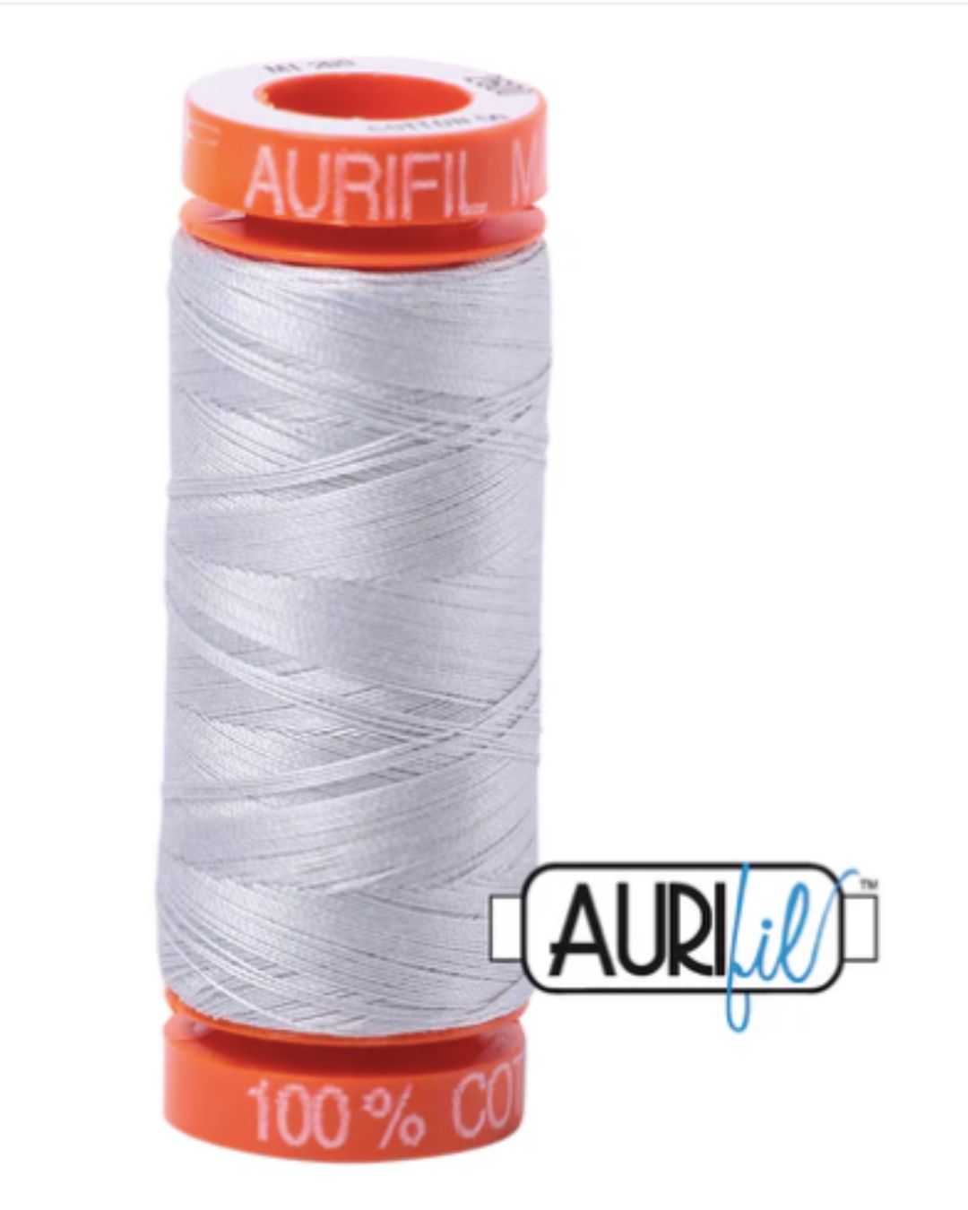 Spool of Aurifil thread with red and white label on a white background