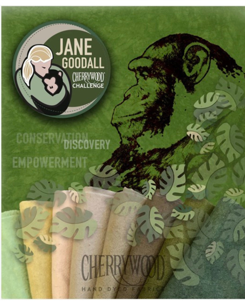 Cherrywood products with Jane Goodall logo and branding on a green background