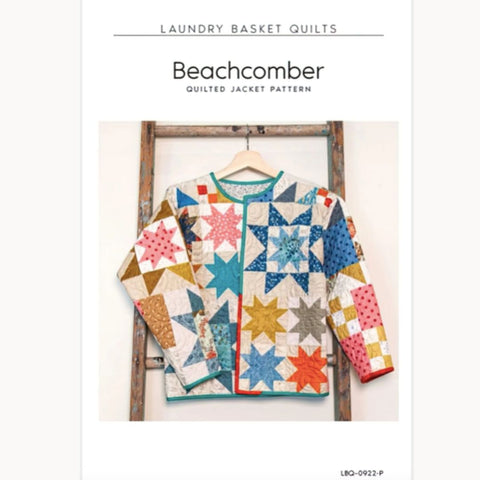 Colorful quilted jacket with star patterns on a wooden hanger against a white background, labeled 'Beachcomber Quilted Jacket Pattern'.