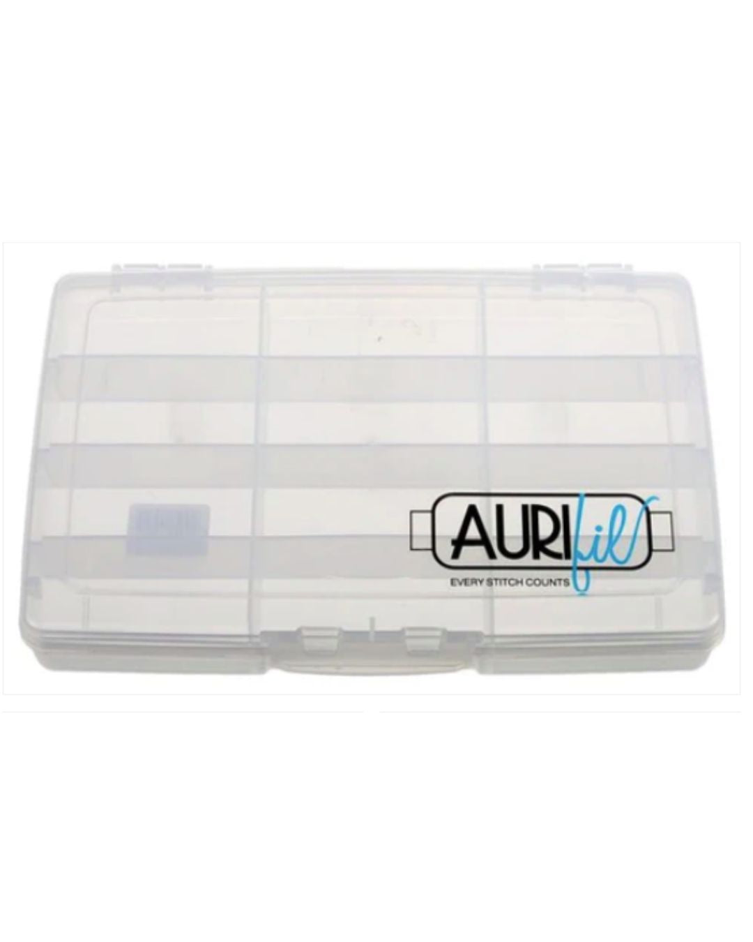 Clear plastic container with white thread, branded 'Aurifil', on a white background
