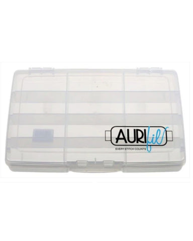 Clear plastic container with white thread, branded 'Aurifil', on a white background