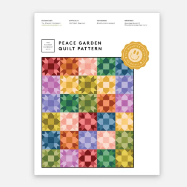 Colorful quilt pattern with a brand logo on a white background