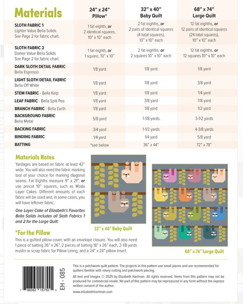 Fabric requirements chart for sloth-themed quilts and pillow, with measurements and fabric types listed.