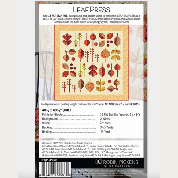 Quilt pattern packaging with leaf design and fabric information