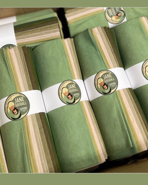 Green and beige striped products with Jane Goodall logo on a green background