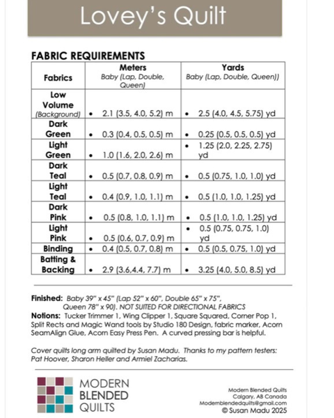 Fabric requirements chart for 'Lovey's Quilt' by Modern Blended Quilts