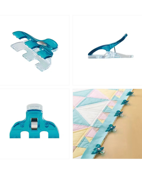 A collage showing a quilt binding clip from three angles and in use. The clip is made of translucent teal plastic with a white snap button.