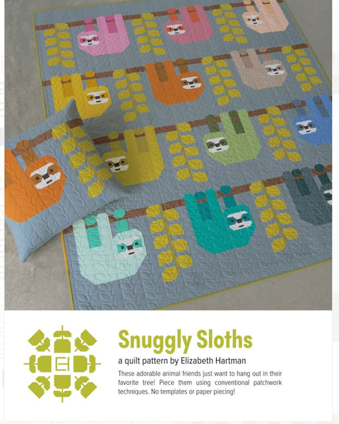 Quilt pattern featuring sloths with a pillow on a neutral background