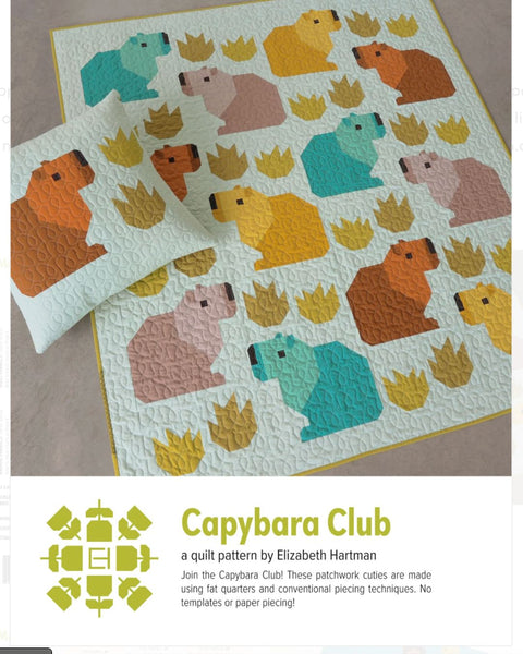 quilt and pillow with capybaras in colours of teal, pink, yellow and brown, with the title Capybara Club by Elizabeth Hartman