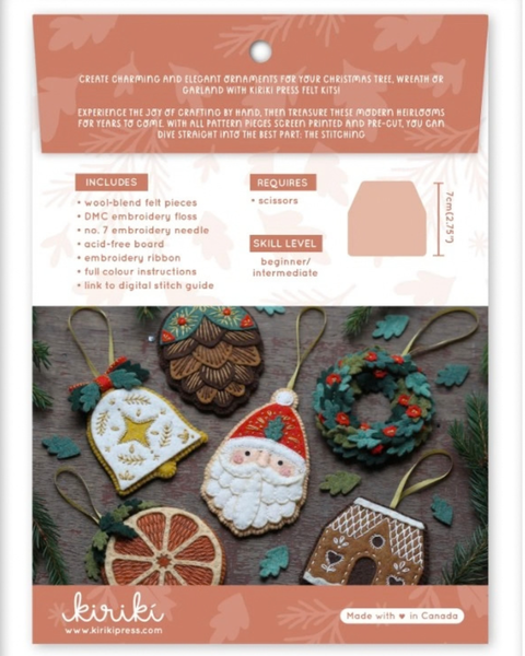 Front and back packaging of the Kiriki 'crafting kit, showing the included felt ornaments, wreath, and wooden board on the lower half, with product details and instructions on the upper half.