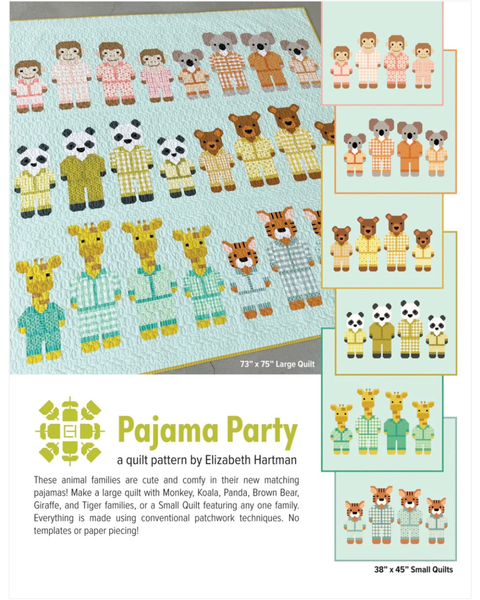Quilt pattern packaging for 'Pajama Party' by Elizabeth Hartman featuring animal characters in pajamas.