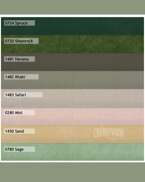 Color swatch chart with various shades of green and brown, labeled with color codes and names, on a green background.