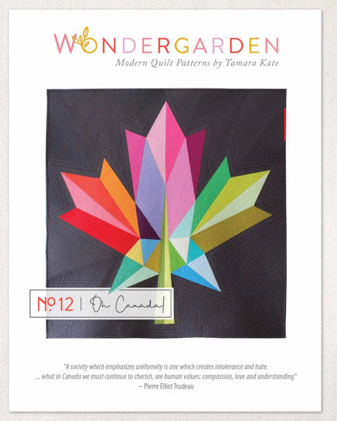 Image of multicoloured maple leaf with name of company, Wondergarden, modern quilt patterns by Tamara Kate printed on front cover.