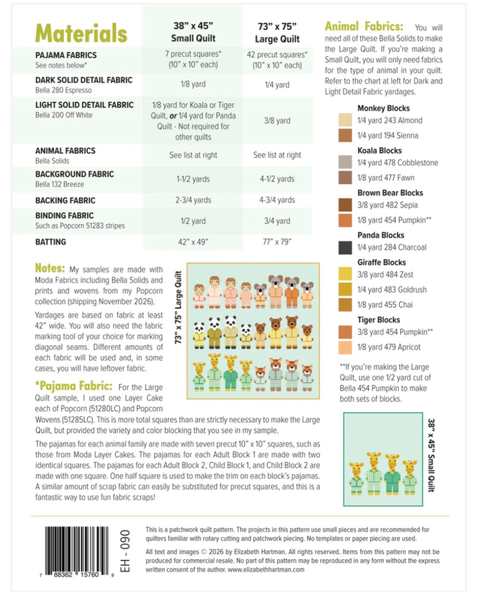 Fabric requirements chart for a quilt pattern with fabric types and yardage needed.