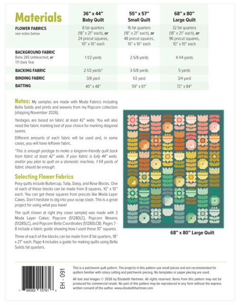 Fabric requirements chart for quilt sizes with floral patterned fabric image.