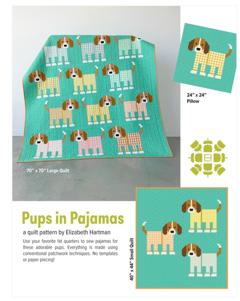 Quilt and pillow set with dog pattern labeled 'Pups in Pajamas' by Elizabeth Hartman.