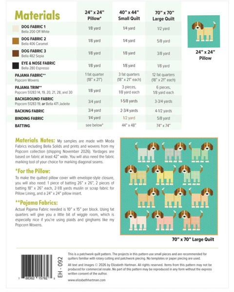 Quilt pattern material requirements chart with fabric types and yardage for a 70x70 large quilt.