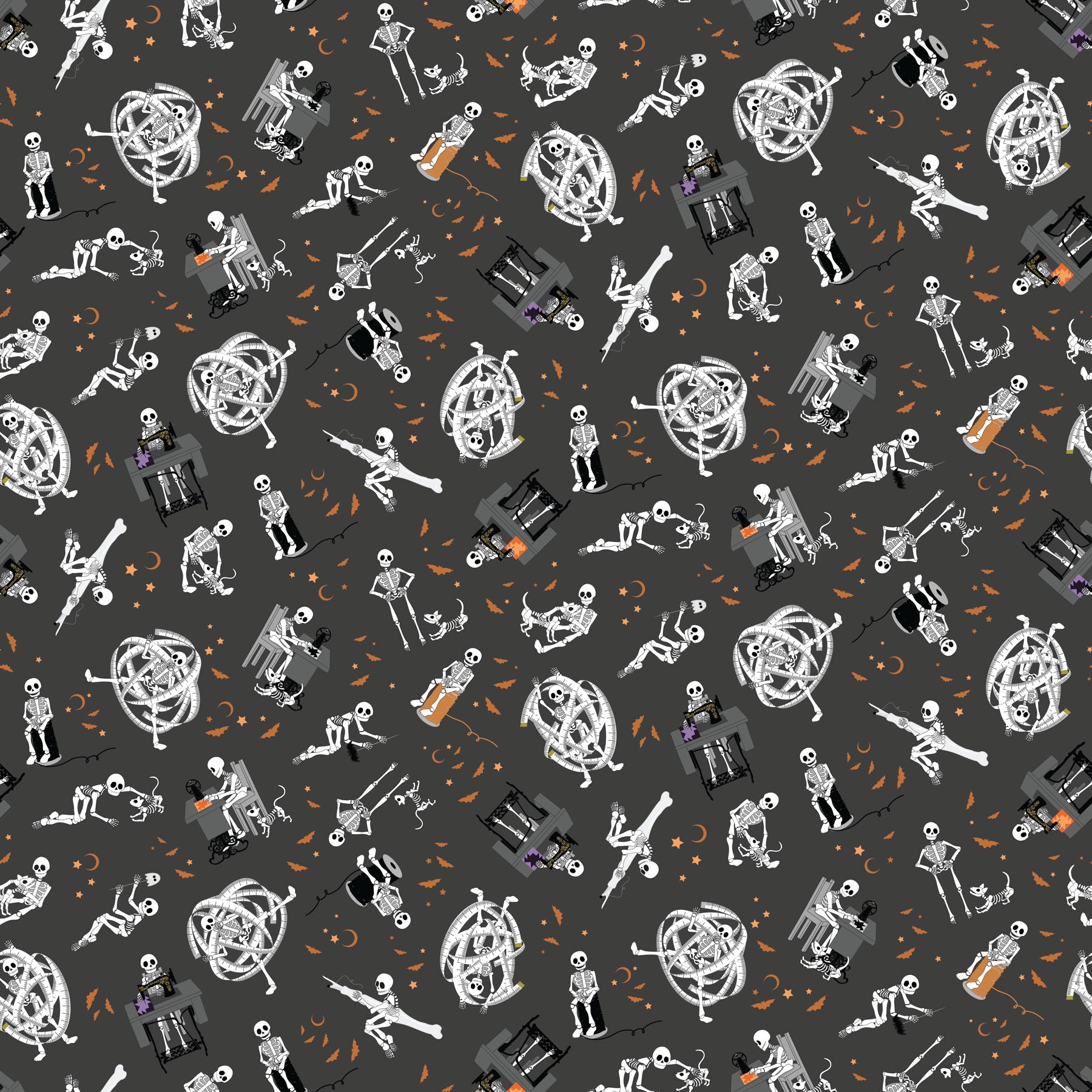 skeletons sitting at sewing machines or holding various sewing tools on a medium gray background