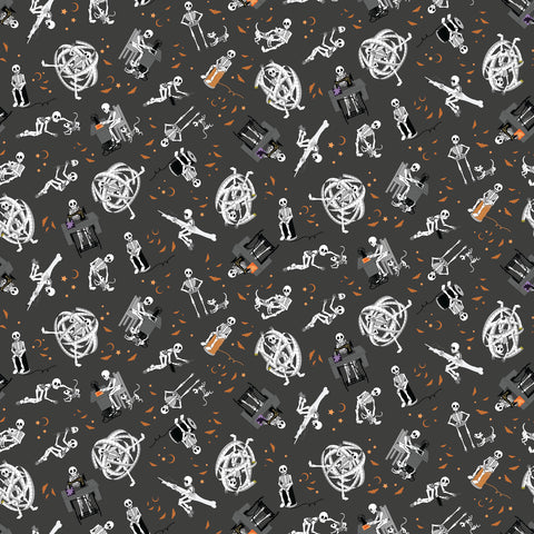 skeletons sitting at sewing machines or holding various sewing tools on a medium gray background