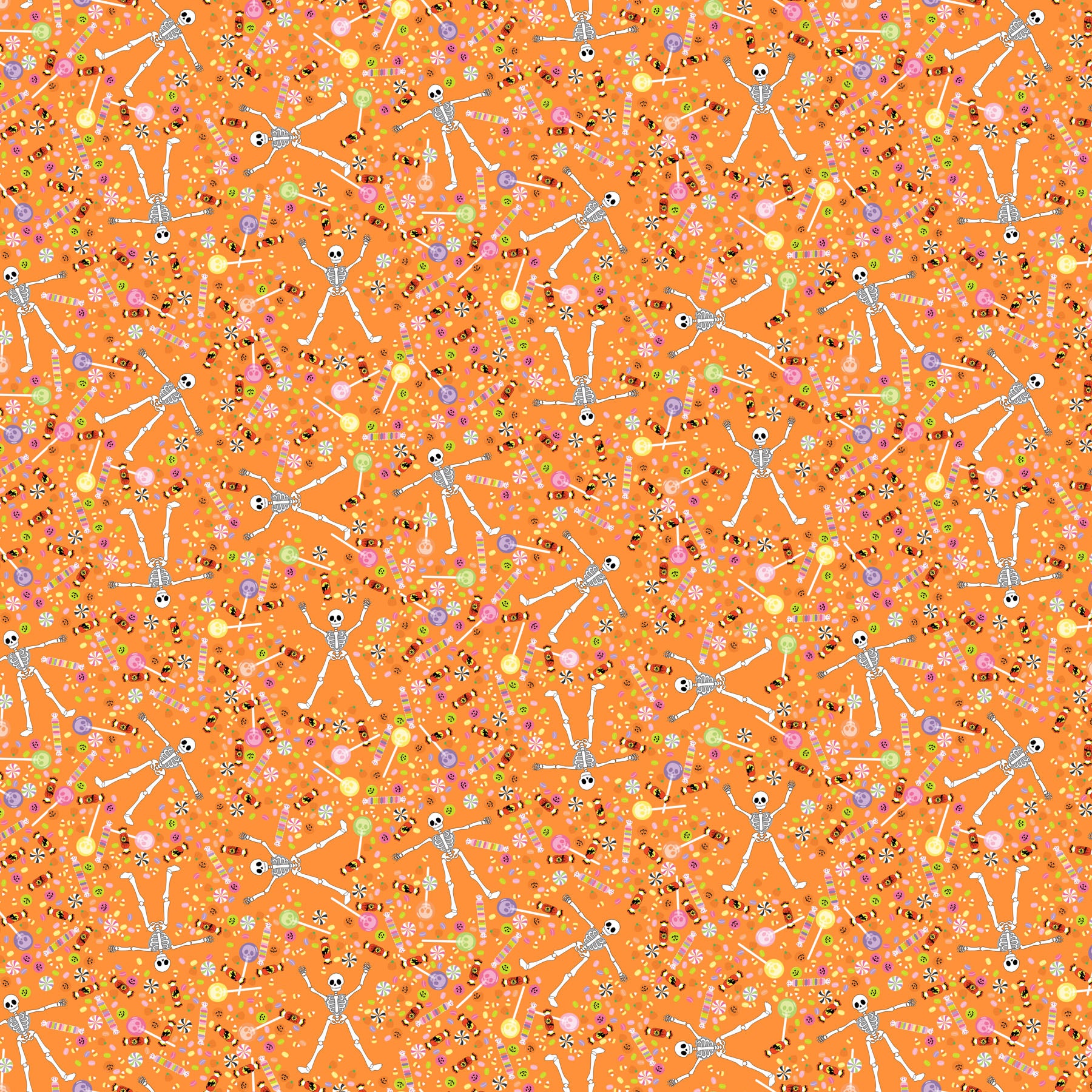 Tiny skeletons surrounded by assorted candies on an orange background