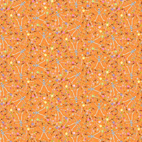 Tiny skeletons surrounded by assorted candies on an orange background