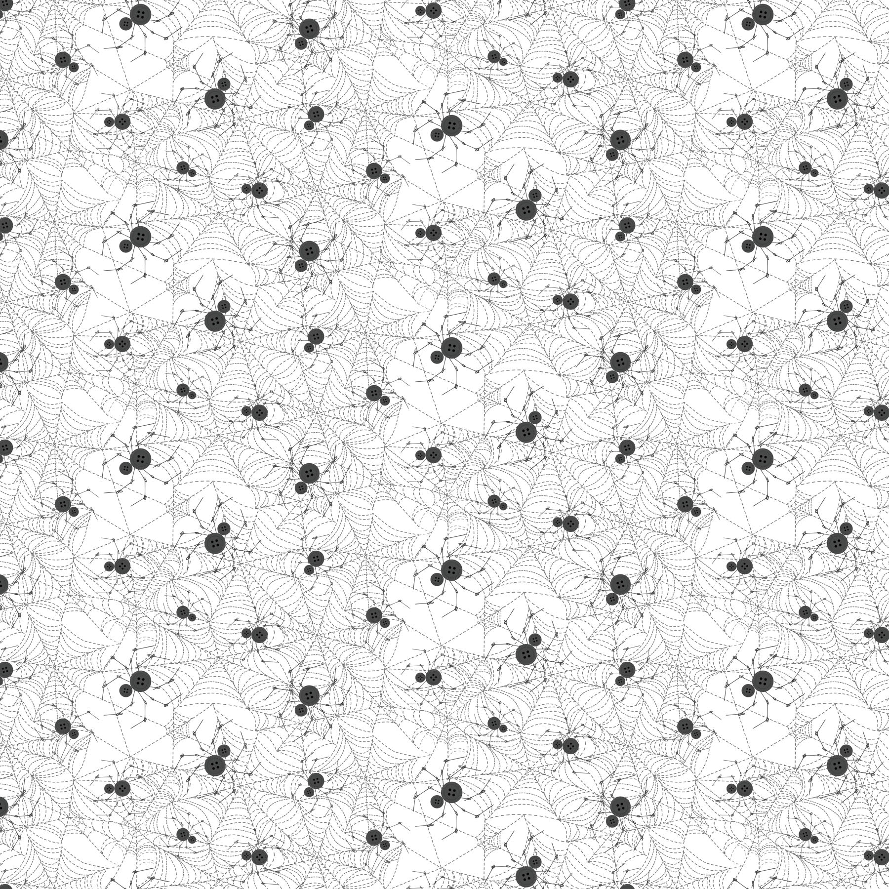 Multiple spiders made of two black buttons stringing webs on a white background