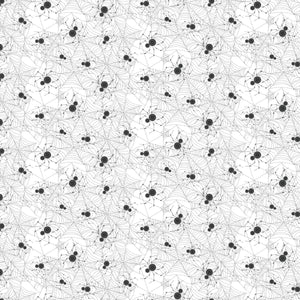 Multiple spiders made of two black buttons stringing webs on a white background