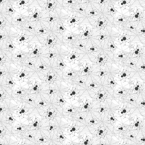 Multiple spiders made of two black buttons stringing webs on a white background