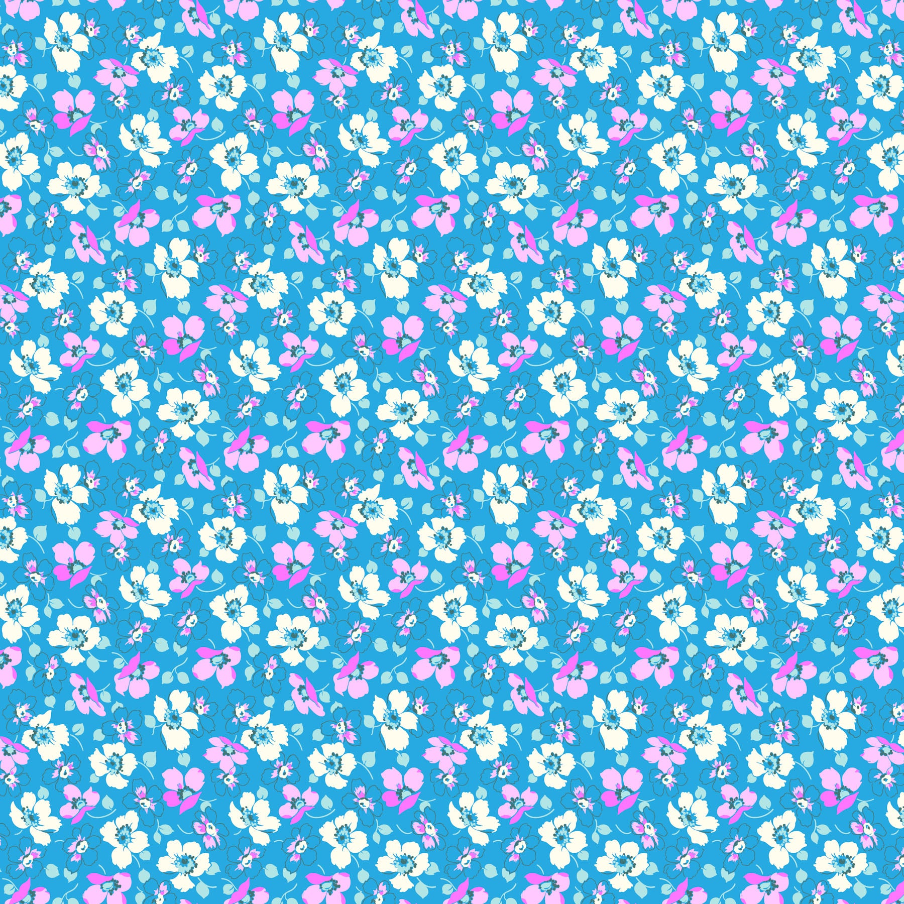 A textile fabric featuring a floral pattern with blue and pink flowers on a blue background.