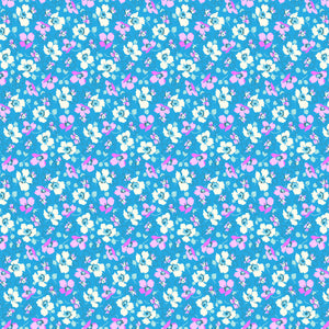 A textile fabric featuring a floral pattern with blue and pink flowers on a blue background.