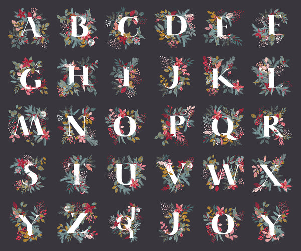 A collection of fabric panels featuring a floral pattern with the letters of the alphabet from A to Z.