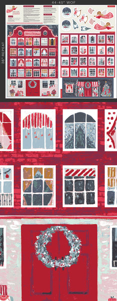 A festive fabric panel featuring various Christmas-themed patterns including a wreath, Santa Claus, and holiday decorations in red, white, and other colors.