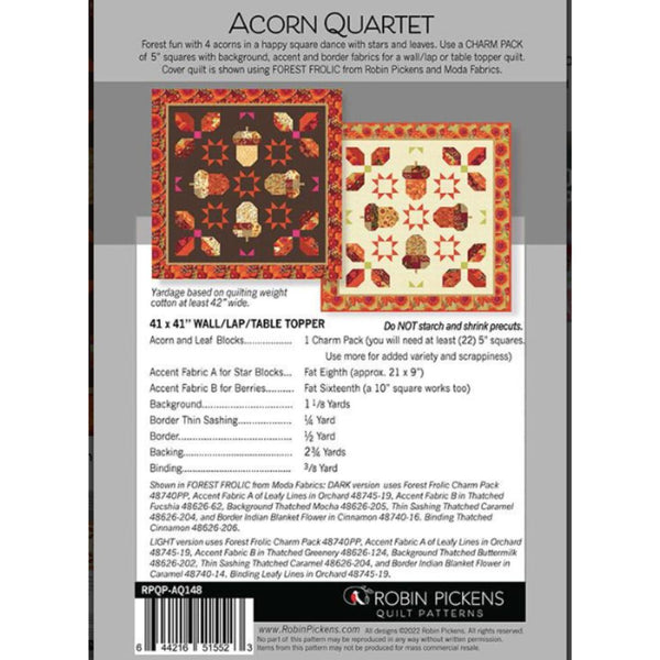 Robin Pickens quilt pattern packaging for 'Acorn Quartet' with fabric requirements and design details.