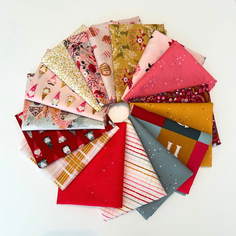 Collection of colorful fabric swatches arranged in a circular pattern on a white background