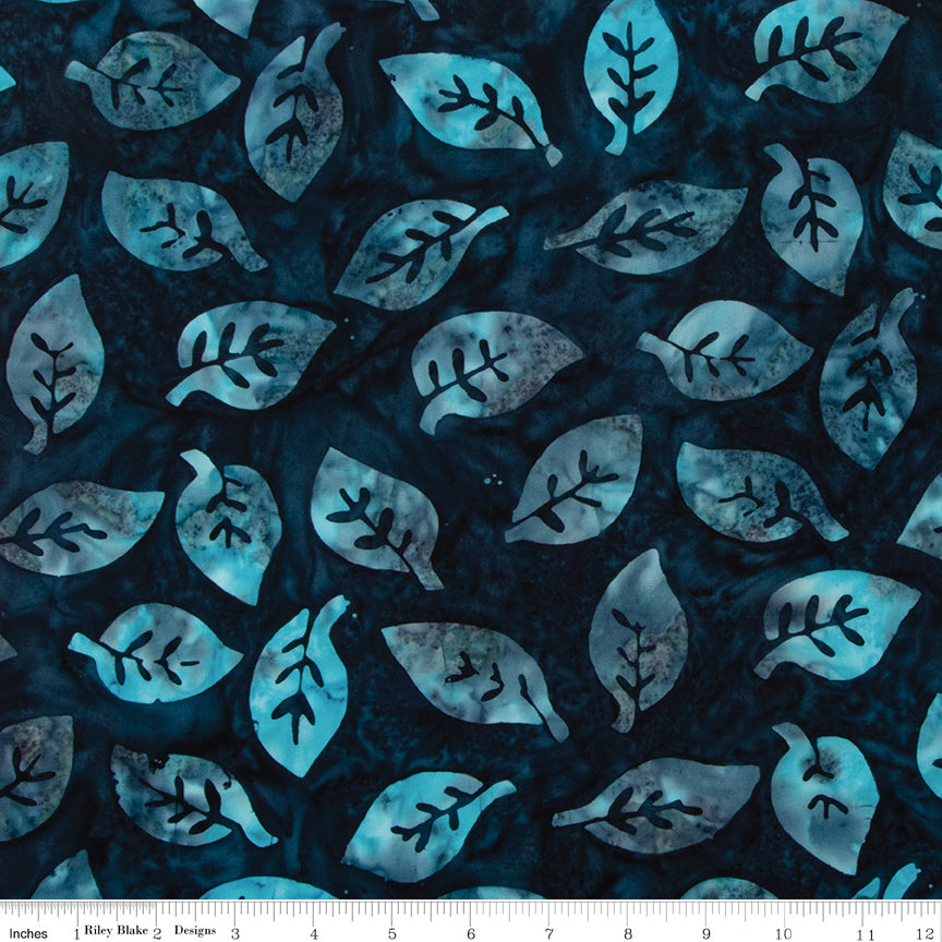 Pattern of blue leaves on a dark blue background with a ruler at the bottom.