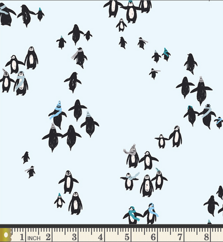 Groups of penguins walking together, some wearing scarves or hats on a light blue background.