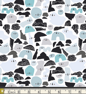 Assorted shapes with smiling faces on them in shades of aqua, blue, light  grey and black on a white background