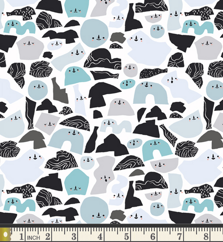 Assorted shapes with smiling faces on them in shades of aqua, blue, light  grey and black on a white background