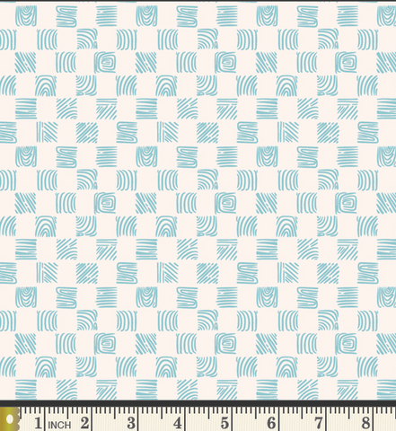 Checked pattern in blue and white.  blue squares are filled in with different shaped lines resembling fingerprints.  Squares are approximately 3/8 of an inch 