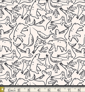 Line drawings of assorted arctic animals like polar bears, narwhals, sea lions and penguins.  Black lines on a cream quilting cotton background