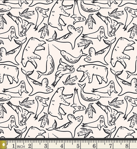 Line drawings of assorted arctic animals like polar bears, narwhals, sea lions and penguins.  Black lines on a cream quilting cotton background