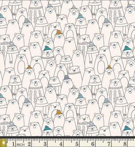 Flannel fabric printed with assorted polar bears wearing colourful hats, scarves or sweaters.