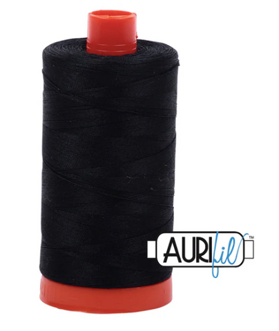 Spool of black thread with red ends on a white background, featuring the Aurifil logo.