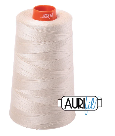 Spool of white thread with an orange cap on a white background, featuring the Aurifil logo.