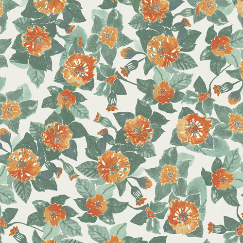 Floral pattern with orange flowers and green leaves on a light background