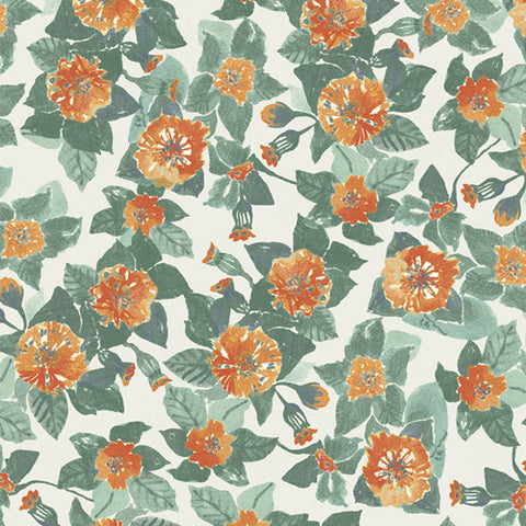 Floral pattern with orange flowers and green leaves on a light background