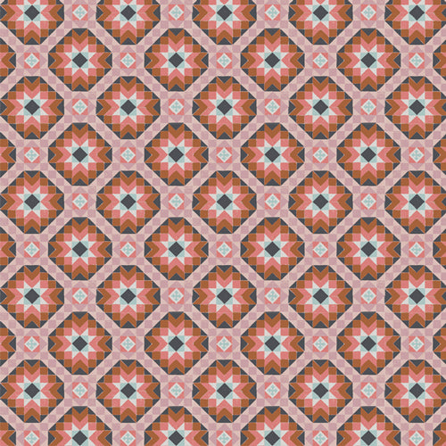 Geometric pattern with interlocking shapes in red, orange, and pink on a pink background