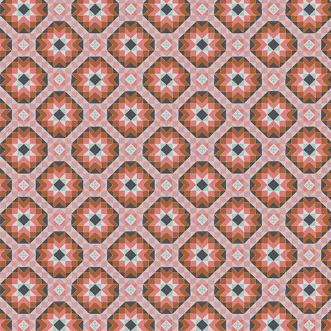 Geometric pattern with interlocking shapes in red, orange, and pink on a pink background