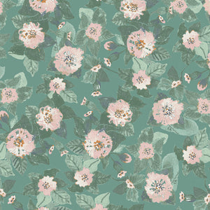 Light pink floral pattern on green leaves